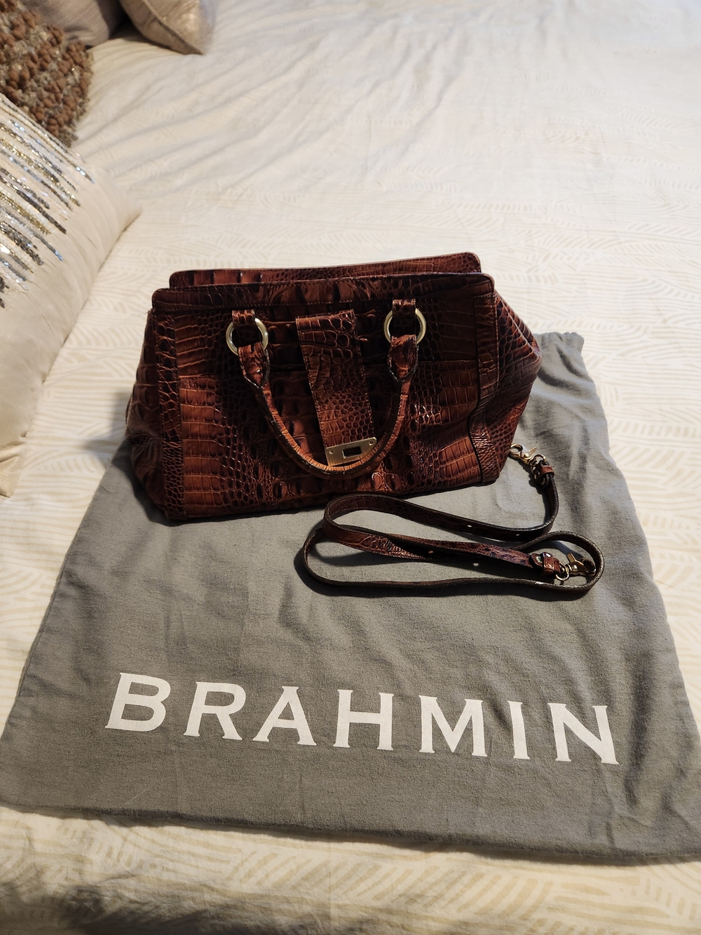 Brahmin Chocolate Croc-Embossed Leather Satchel with Removable Strap